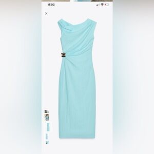 Zara twisted off shoulder blue linen midi dress with metal detail M